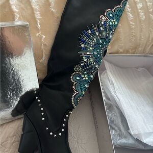 Azalea Wang Axel Beat Embellished Black Knee-High Boots